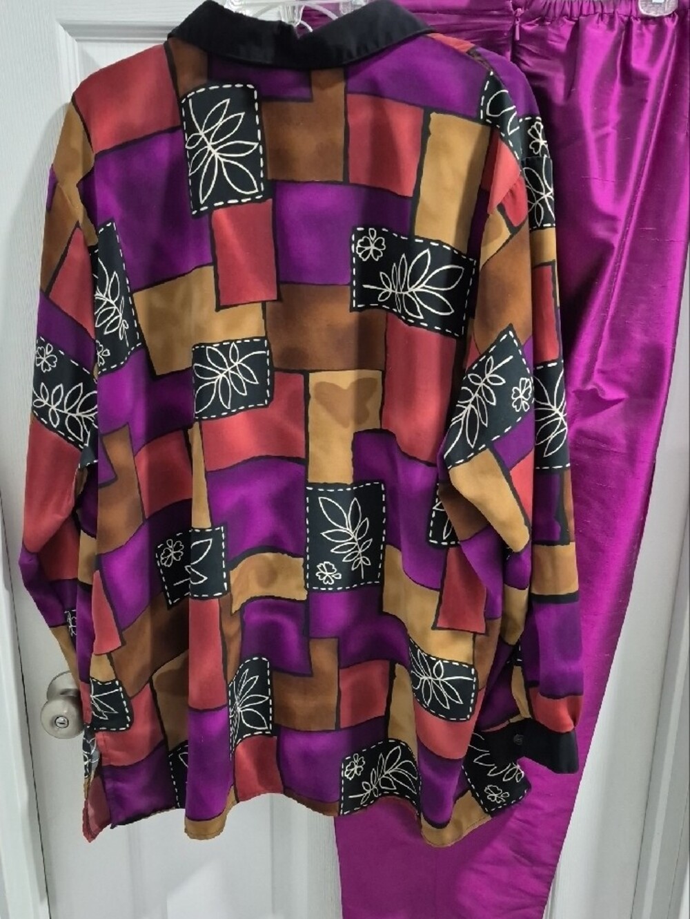 Casual Patchwork Satin Top- Purple Multi And Matching Valerie Stevens Slacks - Picture 3 of 4